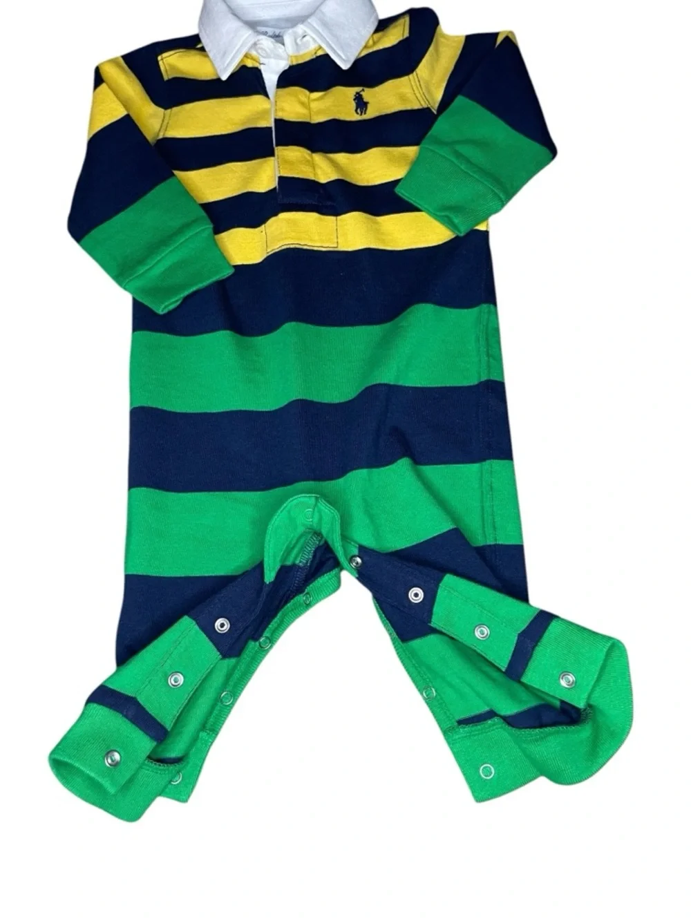 Ralph Lauren Blue, Green, & Yellow Rugby Coverall/Romper- 6 Months